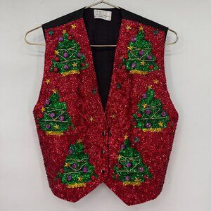 JC Brand Vintage 001 USA Holiday Sequin Christmas Tree Vest Women’s M Handmade